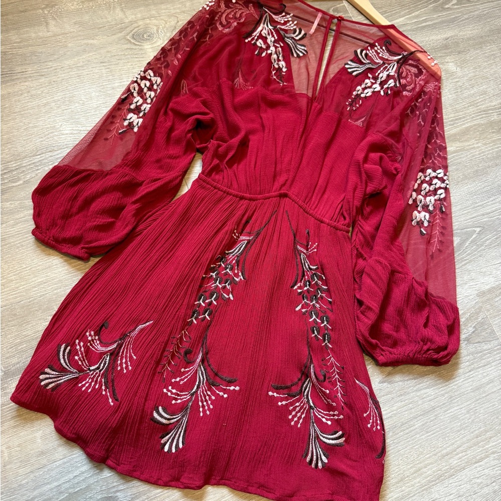 FREE PEOPLE Elegant Red Embroidered Dress, Size XS - Picture 10 of 12